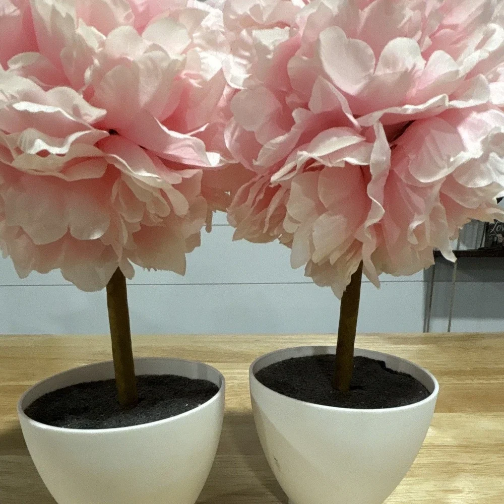 Set of 2 Pink & White Artificial Potted Tree Topiary Flowers w/ White Pots